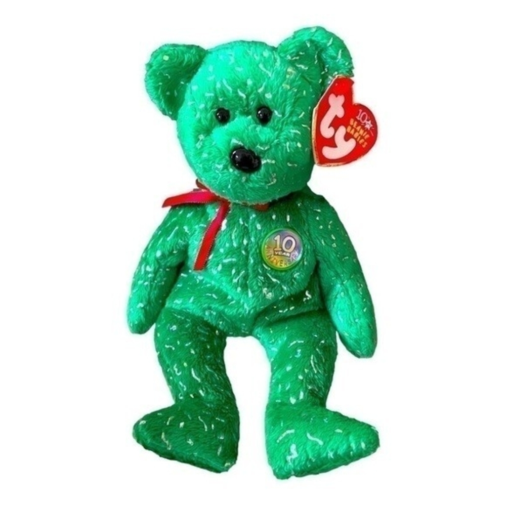 TY Beanie Baby 2003 Decade Green Gold Sparkle Teddy Bear 9" Hologram Pin NWT